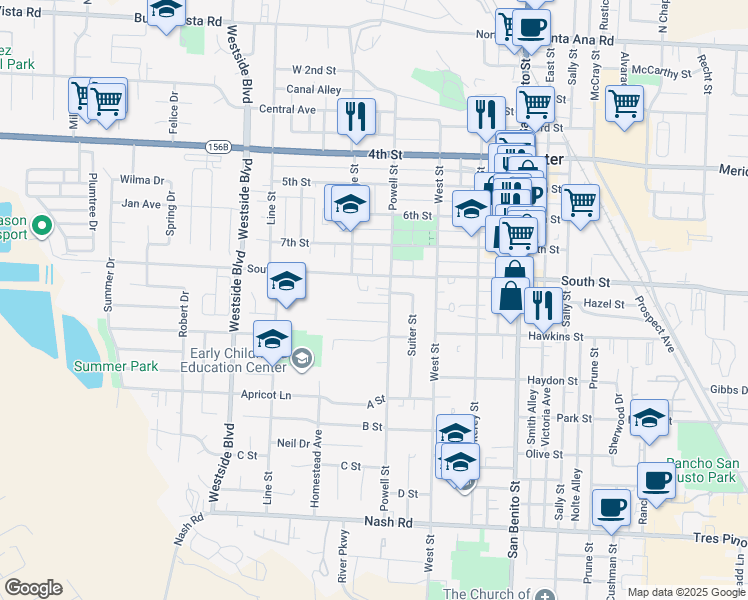 map of restaurants, bars, coffee shops, grocery stores, and more near 620 Wiebe Way in Hollister