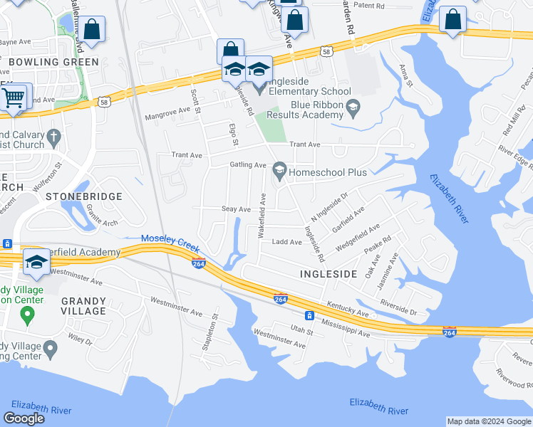 map of restaurants, bars, coffee shops, grocery stores, and more near 3563 Seay Avenue in Norfolk