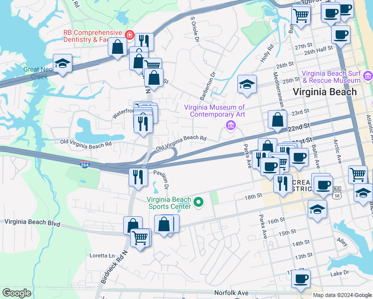 map of restaurants, bars, coffee shops, grocery stores, and more near 411 Barberton Drive in Virginia Beach