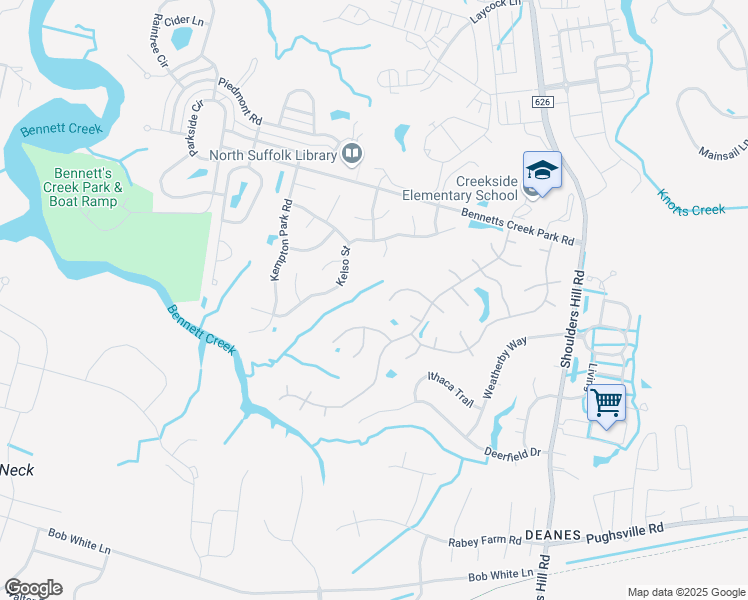 map of restaurants, bars, coffee shops, grocery stores, and more near 3724 Bridlepath Lane in Suffolk