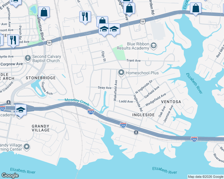 map of restaurants, bars, coffee shops, grocery stores, and more near 3545 Seay Avenue in Norfolk