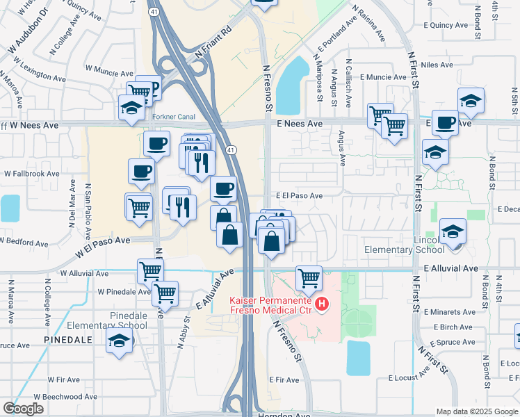 map of restaurants, bars, coffee shops, grocery stores, and more near in Fresno