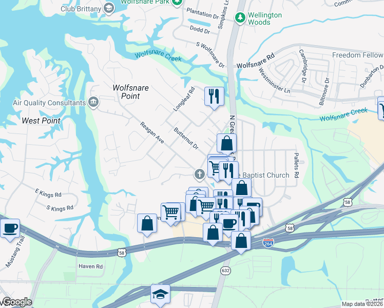 map of restaurants, bars, coffee shops, grocery stores, and more near 400 Big Leaf Circle in Virginia Beach