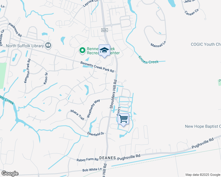 map of restaurants, bars, coffee shops, grocery stores, and more near 3605 Corral Cove in Suffolk