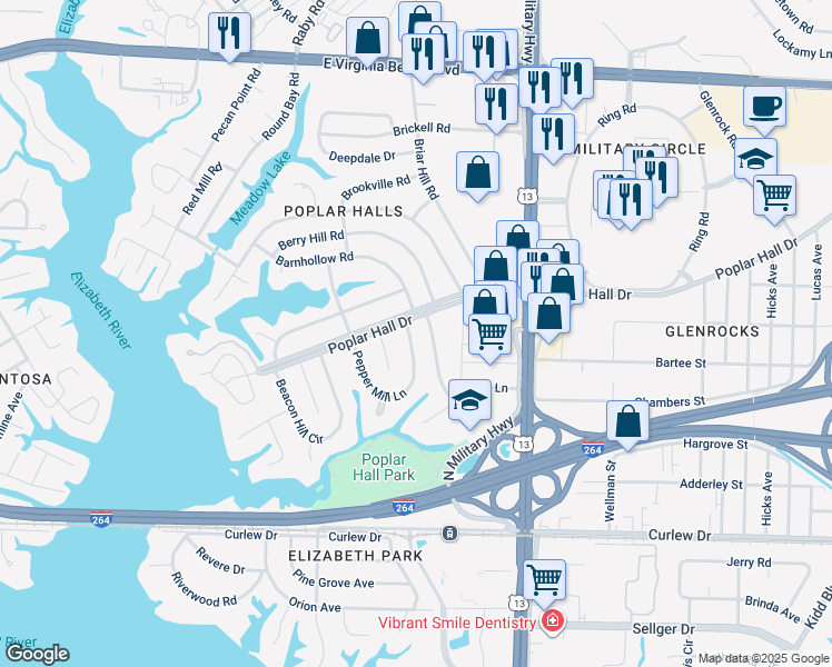 map of restaurants, bars, coffee shops, grocery stores, and more near 481 Pepper Mill Lane in Norfolk