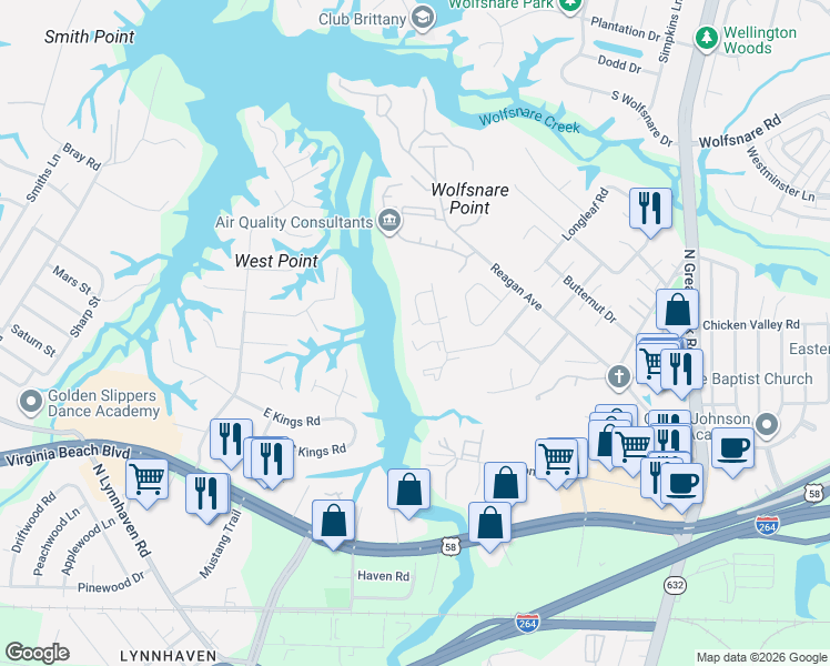 map of restaurants, bars, coffee shops, grocery stores, and more near 509 Benlea Court in Virginia Beach