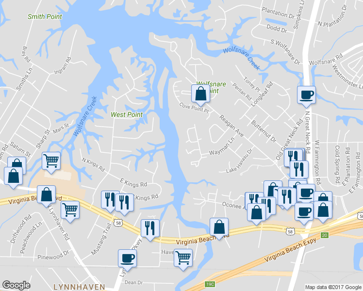 map of restaurants, bars, coffee shops, grocery stores, and more near 514 Benlea Court in Virginia Beach
