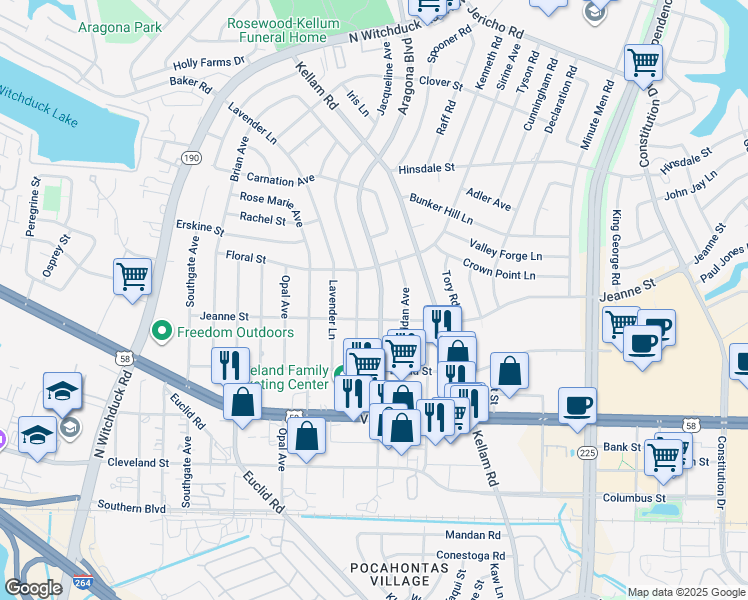 map of restaurants, bars, coffee shops, grocery stores, and more near 409 Aragona Boulevard in Virginia Beach