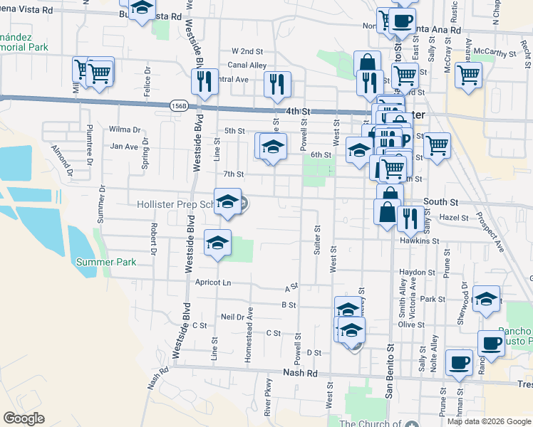map of restaurants, bars, coffee shops, grocery stores, and more near 711 South Street in Hollister