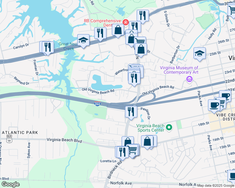 map of restaurants, bars, coffee shops, grocery stores, and more near 408 Coastal Walk Place in Virginia Beach