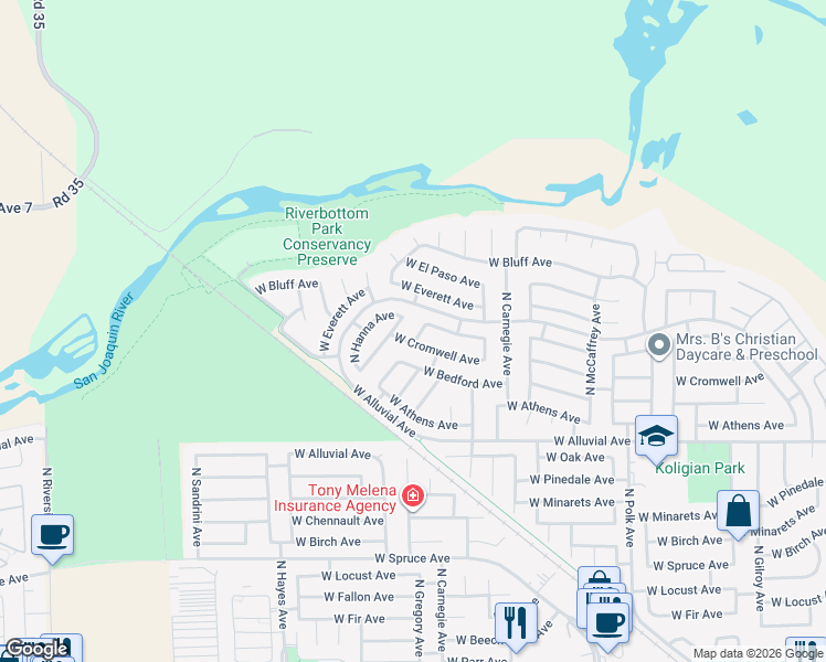 map of restaurants, bars, coffee shops, grocery stores, and more near 7671 North Erie Avenue in Fresno