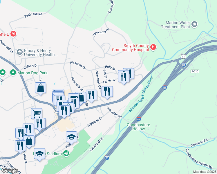 map of restaurants, bars, coffee shops, grocery stores, and more near 200 Larch Street in Marion
