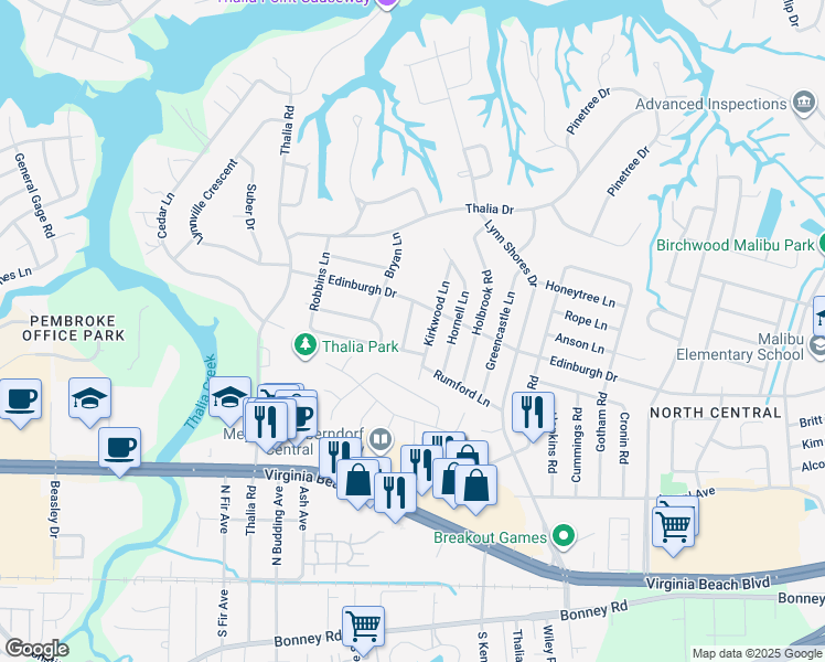 map of restaurants, bars, coffee shops, grocery stores, and more near 408 Patton Lane in Virginia Beach
