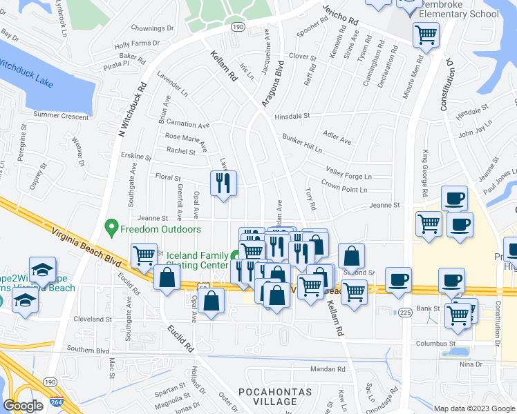 map of restaurants, bars, coffee shops, grocery stores, and more near 409 Aragona Boulevard in Virginia Beach