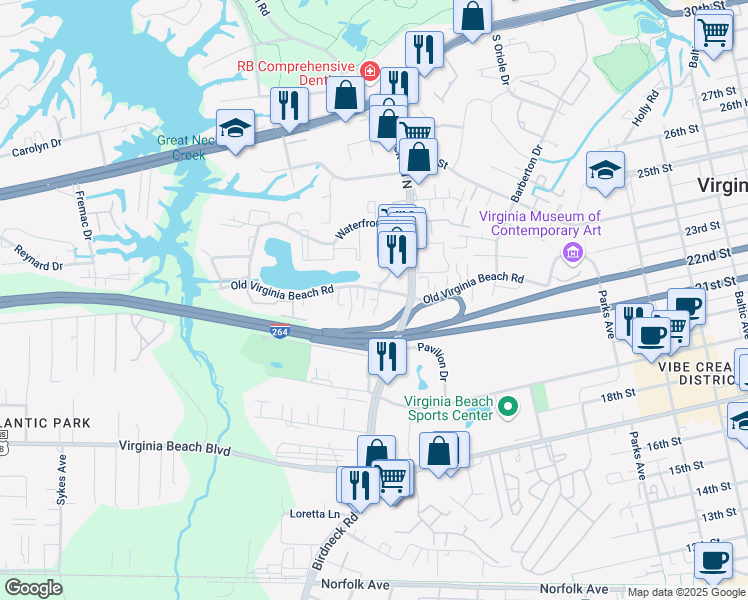 map of restaurants, bars, coffee shops, grocery stores, and more near 1125 Old Virginia Beach Road in Virginia Beach