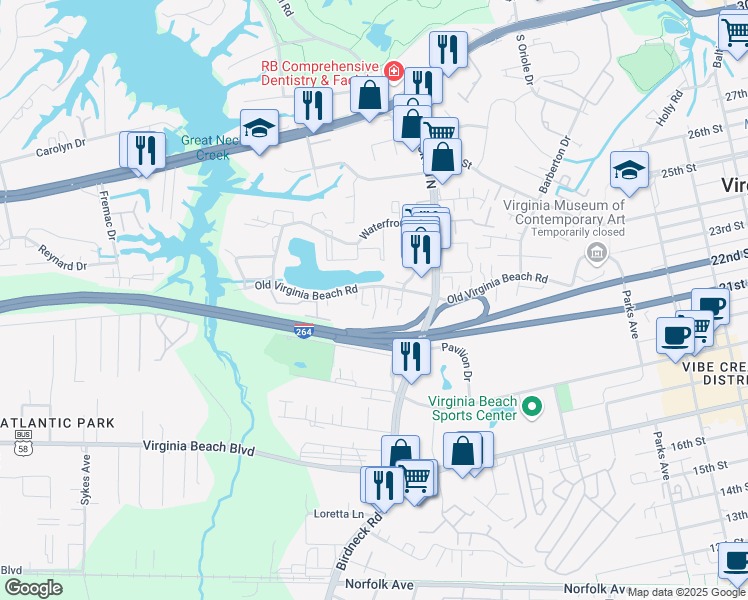 map of restaurants, bars, coffee shops, grocery stores, and more near 411 Sea Pointe Court in Virginia Beach