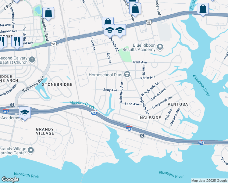 map of restaurants, bars, coffee shops, grocery stores, and more near 3545 Seay Avenue in Norfolk