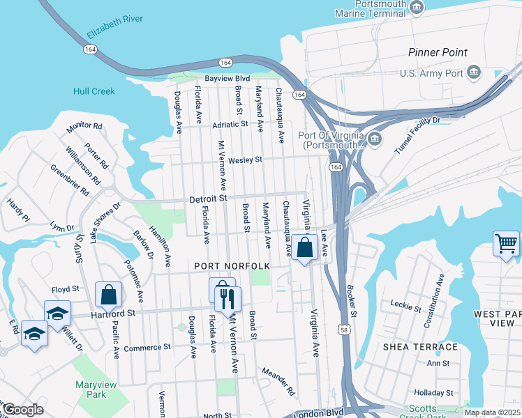 map of restaurants, bars, coffee shops, grocery stores, and more near 420 Maryland Avenue in Portsmouth