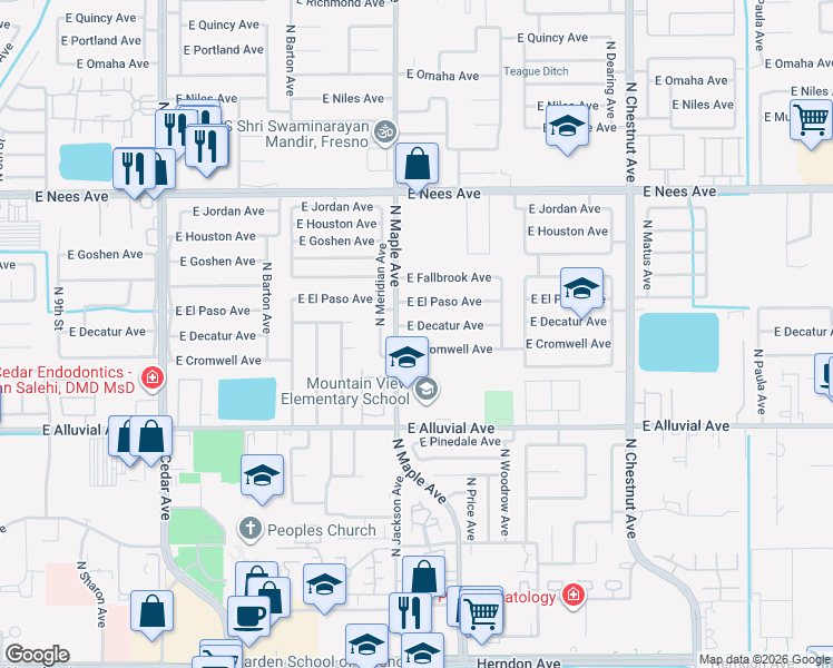 map of restaurants, bars, coffee shops, grocery stores, and more near 2062 East Cromwell Avenue in Fresno