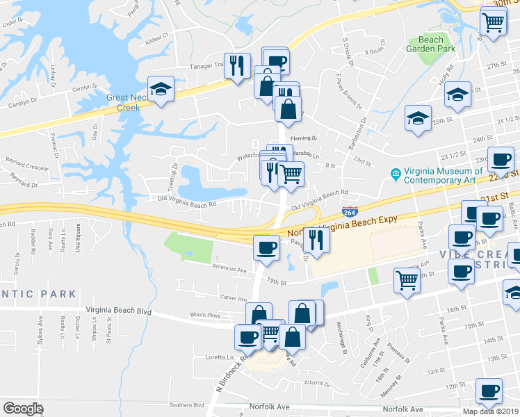 map of restaurants, bars, coffee shops, grocery stores, and more near 1125 Old Virginia Beach Road in Virginia Beach