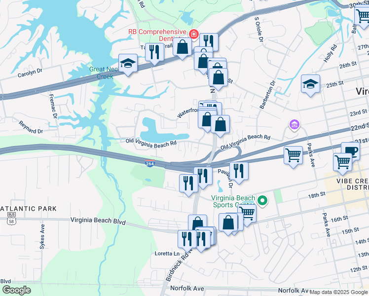 map of restaurants, bars, coffee shops, grocery stores, and more near 1145 Old Virginia Beach Road in Virginia Beach