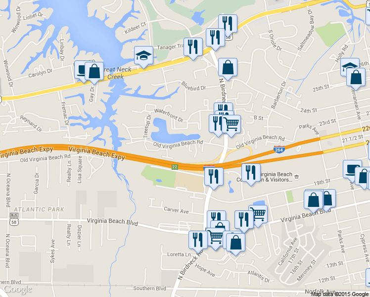 map of restaurants, bars, coffee shops, grocery stores, and more near 1145 Old Virginia Beach Road in Virginia Beach