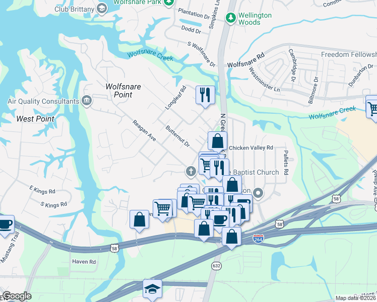 map of restaurants, bars, coffee shops, grocery stores, and more near 400 Big Leaf Circle in Virginia Beach