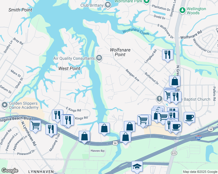 map of restaurants, bars, coffee shops, grocery stores, and more near 509 Benlea Court in Virginia Beach