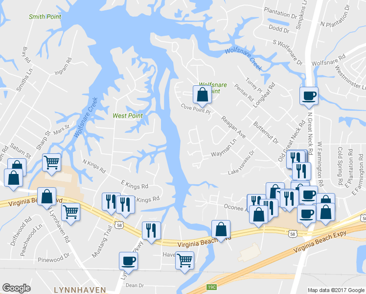 map of restaurants, bars, coffee shops, grocery stores, and more near 509 Benlea Court in Virginia Beach