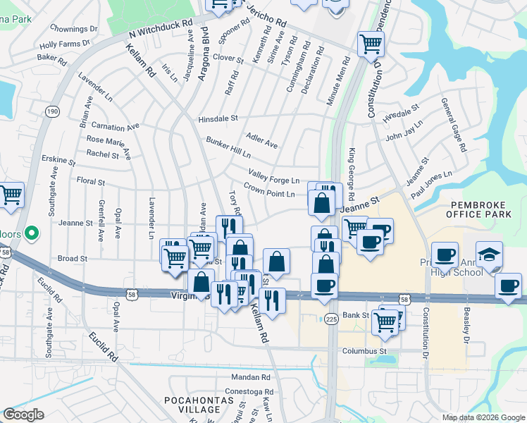 map of restaurants, bars, coffee shops, grocery stores, and more near 404 Ticonderoga Road in Virginia Beach