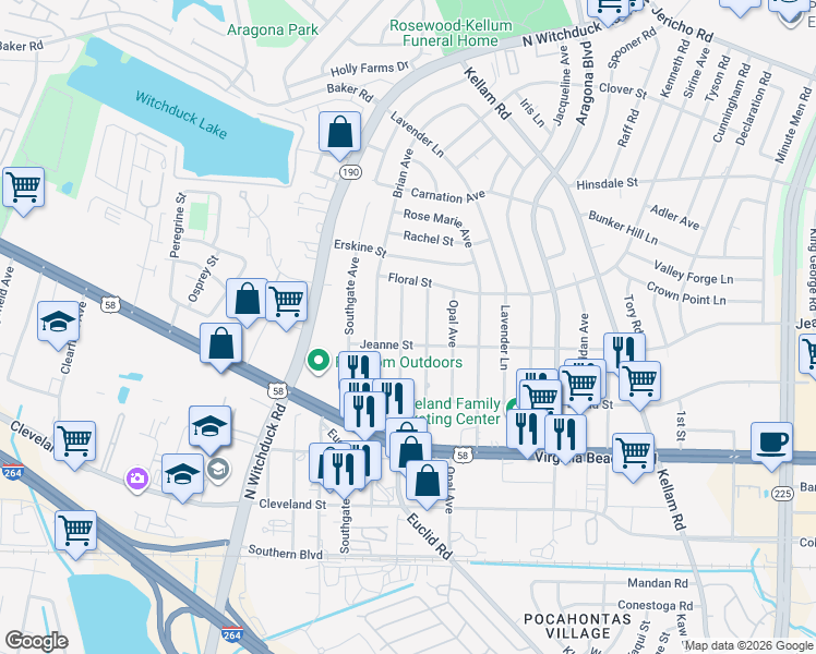 map of restaurants, bars, coffee shops, grocery stores, and more near 401 Dorset Avenue in Virginia Beach