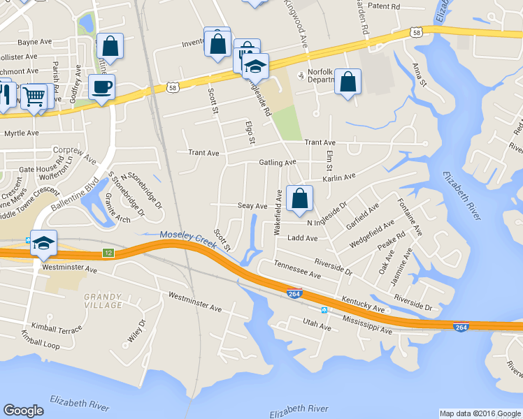 map of restaurants, bars, coffee shops, grocery stores, and more near 3545 Seay Avenue in Norfolk