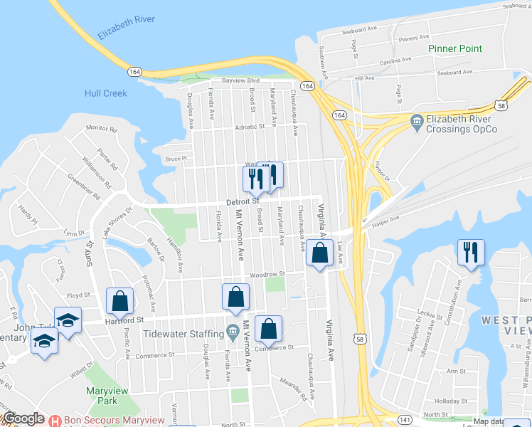 map of restaurants, bars, coffee shops, grocery stores, and more near 425 Broad Street in Portsmouth