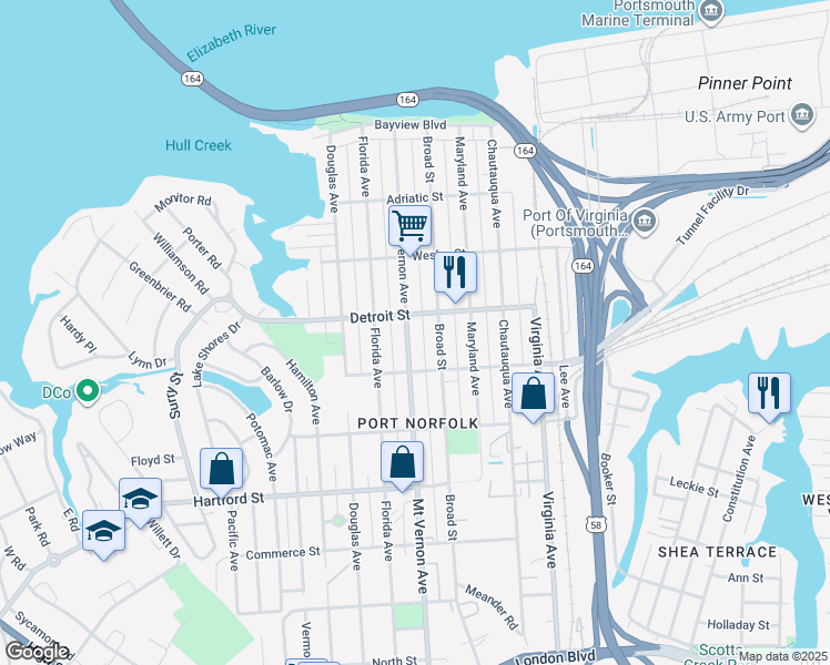 map of restaurants, bars, coffee shops, grocery stores, and more near 425 Mount Vernon Avenue in Portsmouth