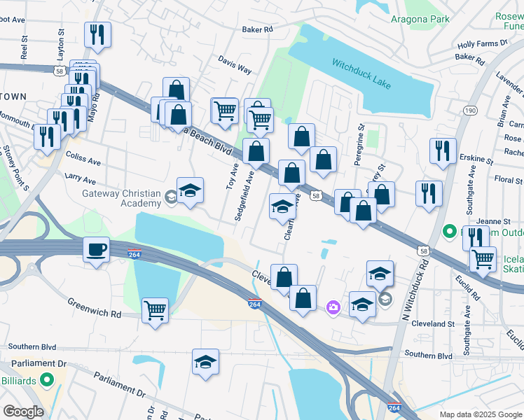 map of restaurants, bars, coffee shops, grocery stores, and more near Ana Mascarinas Drive in Virginia Beach