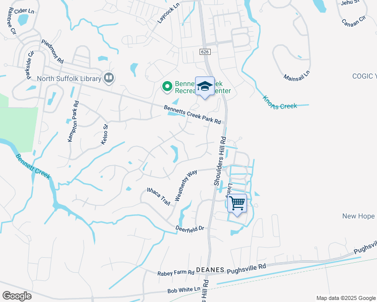 map of restaurants, bars, coffee shops, grocery stores, and more near 3015 Waterjump Crescent in Suffolk