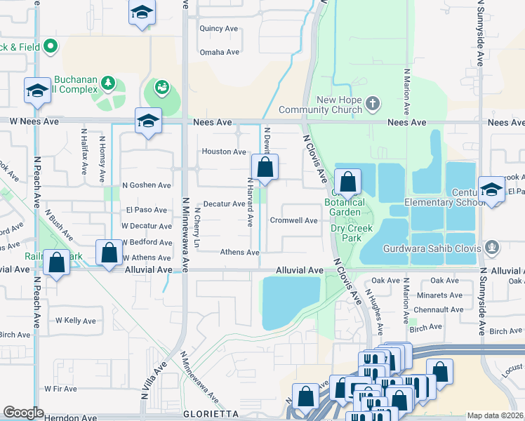 map of restaurants, bars, coffee shops, grocery stores, and more near 941 North Dewitt Avenue in Clovis