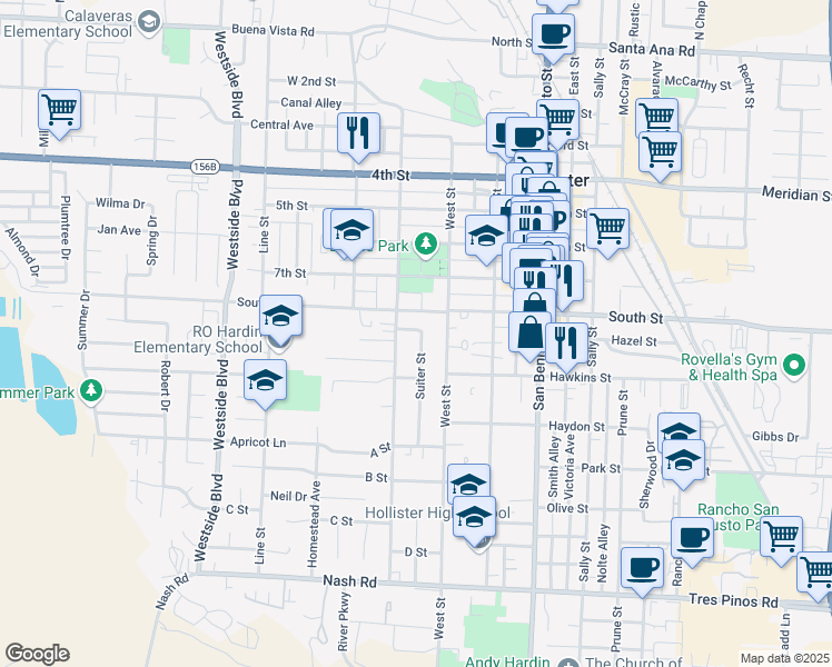 map of restaurants, bars, coffee shops, grocery stores, and more near 842 Suiter Street in Hollister