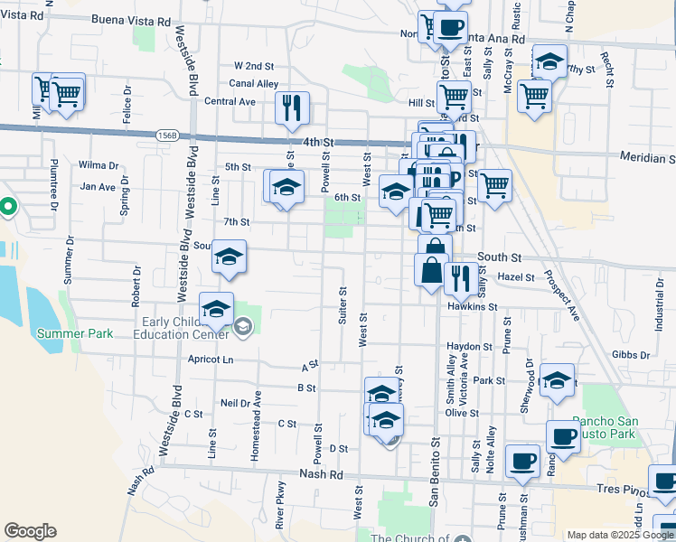 map of restaurants, bars, coffee shops, grocery stores, and more near 842 Suiter Street in Hollister