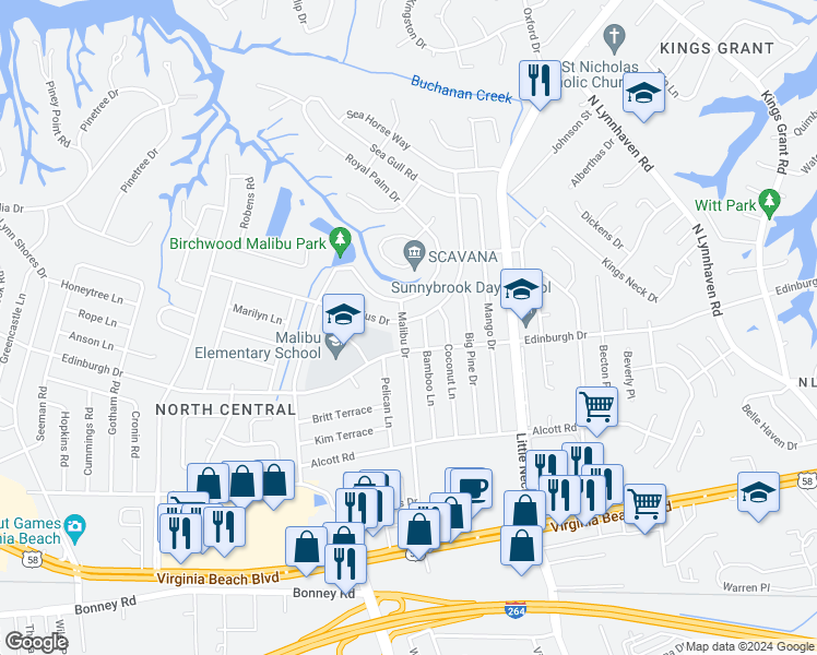 map of restaurants, bars, coffee shops, grocery stores, and more near 508 Malibu Drive in Virginia Beach