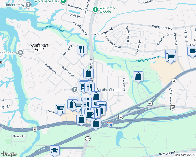 map of restaurants, bars, coffee shops, grocery stores, and more near 461 West Plantation Road in Virginia Beach