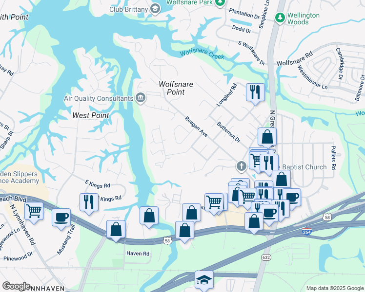 map of restaurants, bars, coffee shops, grocery stores, and more near 425 Wayman Lane in Virginia Beach