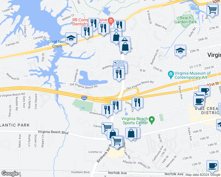 map of restaurants, bars, coffee shops, grocery stores, and more near Courage Court in Virginia Beach