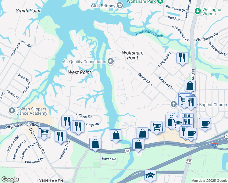 map of restaurants, bars, coffee shops, grocery stores, and more near 509 Benlea Court in Virginia Beach