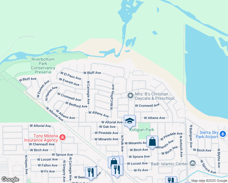 map of restaurants, bars, coffee shops, grocery stores, and more near 5499 West Everett Avenue in Fresno