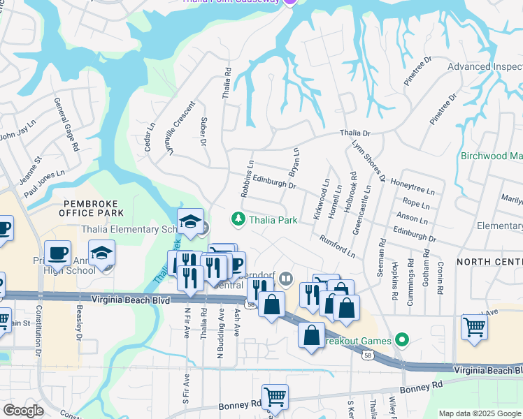 map of restaurants, bars, coffee shops, grocery stores, and more near 4144 Rundel Lane in Virginia Beach