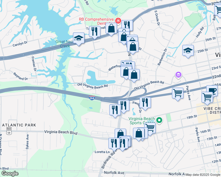 map of restaurants, bars, coffee shops, grocery stores, and more near 408 Coastal Walk Place in Virginia Beach