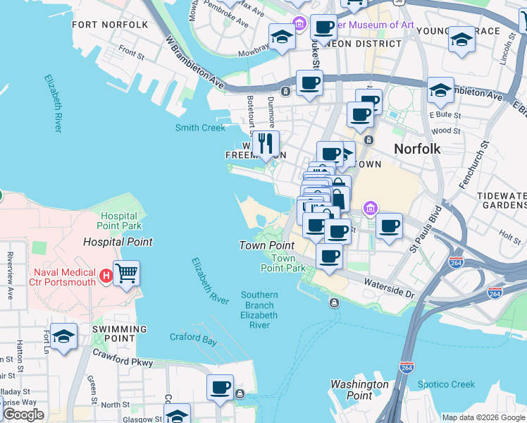 map of restaurants, bars, coffee shops, grocery stores, and more near 1 Waterside Drive in Norfolk