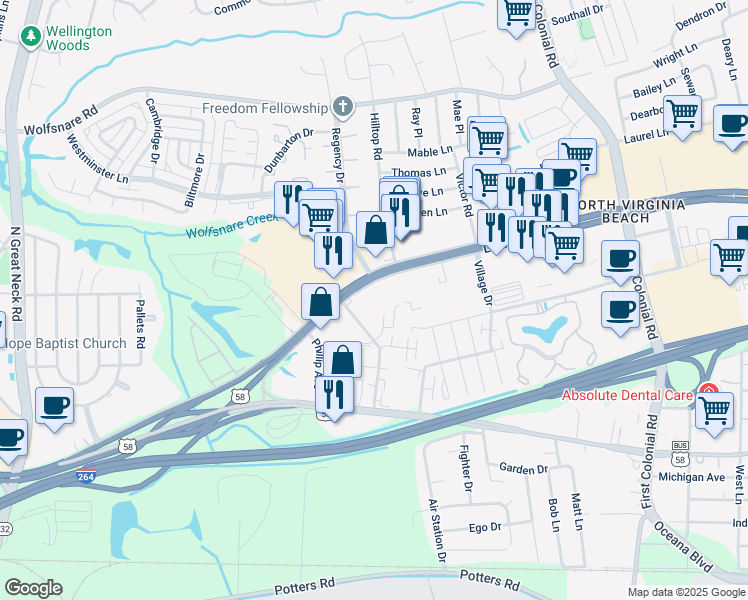 map of restaurants, bars, coffee shops, grocery stores, and more near 1917 Laskin Road in Virginia Beach