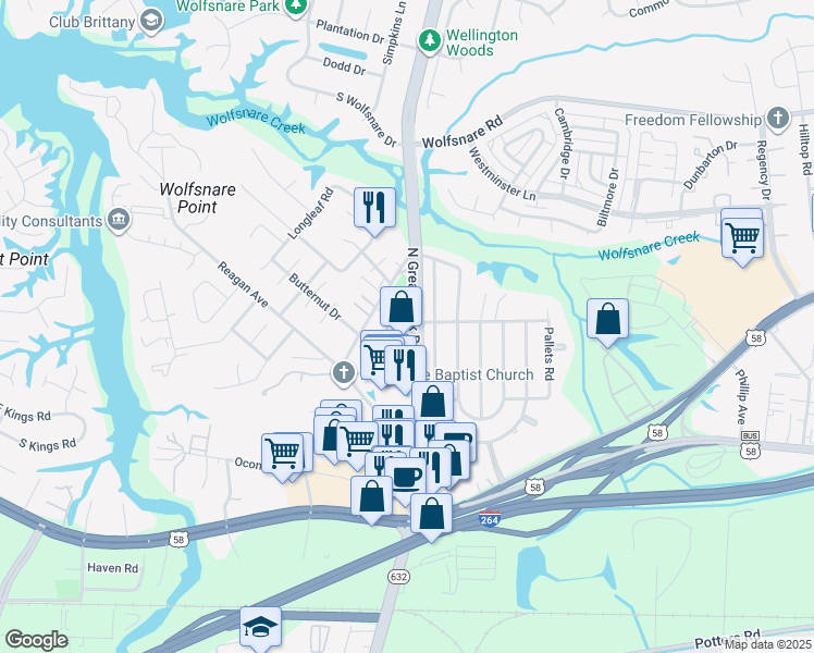 map of restaurants, bars, coffee shops, grocery stores, and more near 2305 Cornick Drive in Virginia Beach